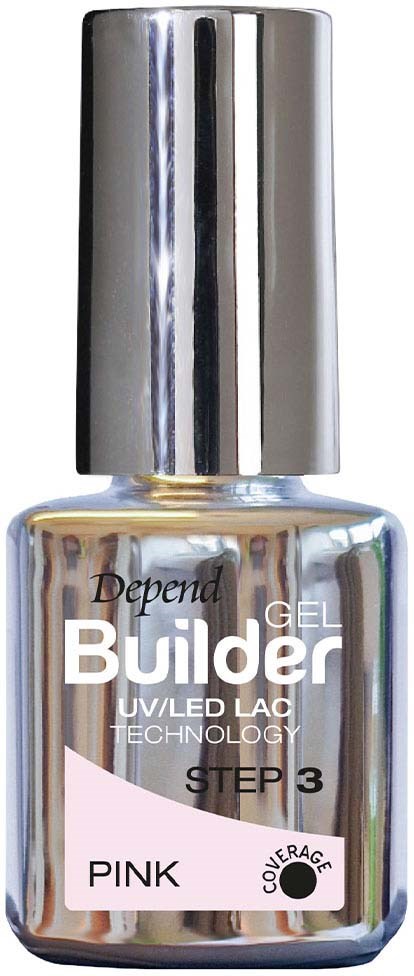 En liten glasflaska med silverlock, märkt "Builder Gel" i rosa och vitt, används för naglar.