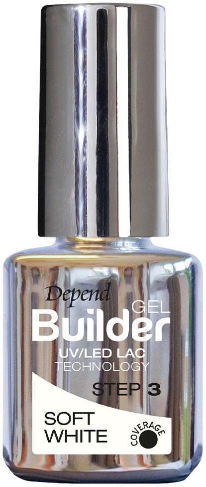 Pieni purkki geelilakan kynsille, hopeasävyinen korkki. Merkitty 'Build Gel', 'Soft White' ja 'Step 3'.