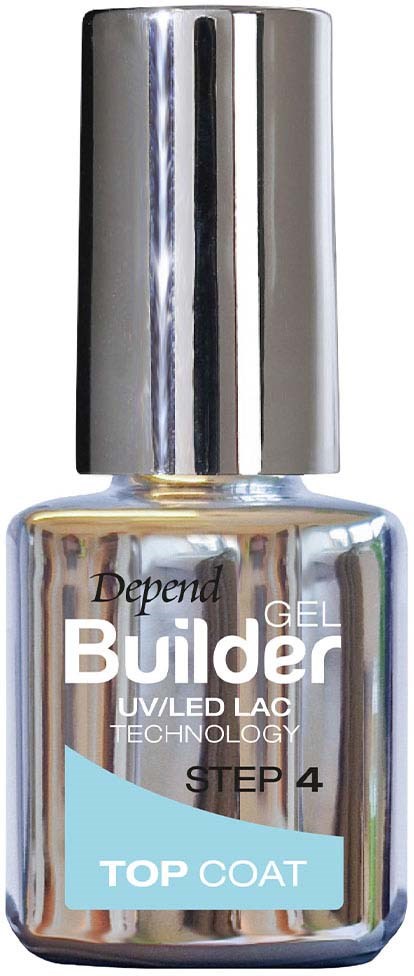 Een metalen nagellakfles met 'Top Coat' label, zilveren dop en glanzend oppervlak.