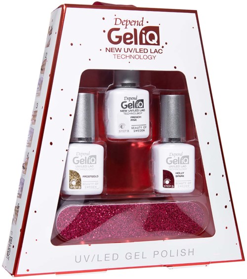 Doos met vier nagellakflessen en een roze glittergel in doorzichtig deel. Verpakking voor gelnagellakset.