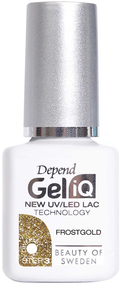 Pullo Depend GeliQ Frost Gold UV LED -päällyslakka, hopeinen kansi.