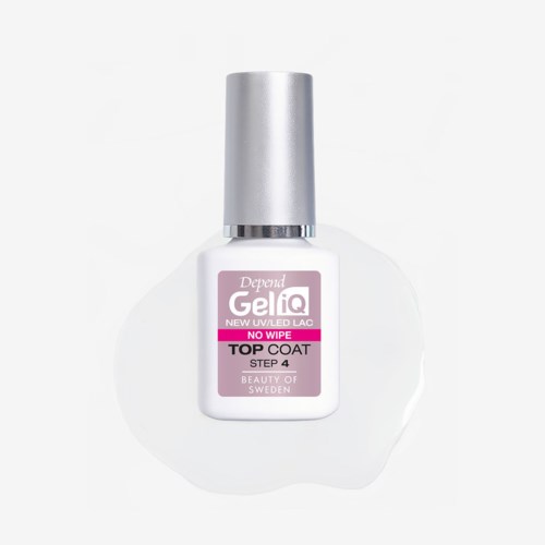 Vit nagellackflaska med silverhölje, märkt Depend Gelq Top Coat Steg 4 på vit bakgrund.