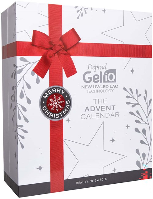 A white box with gray and black accents, decorated with a red bow and a Merry Christmas sticker, containing gel nail polish.