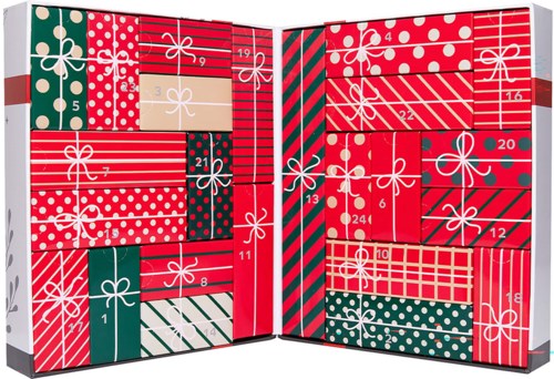 An open advent calendar with colorful numbered boxes and gift ribbon designs for daily surprises.