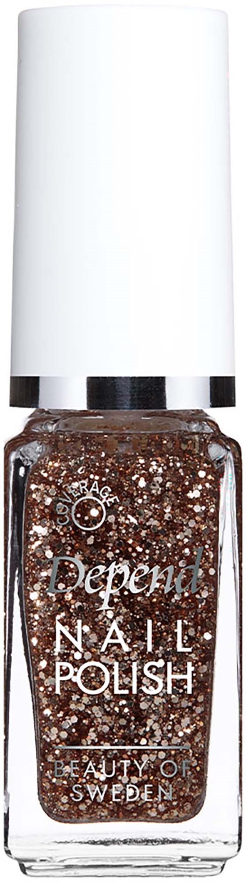 Flaske med brunt glitter neglelak med hvid top, mærket Depem Nail Polish fra Faulty Sweden.