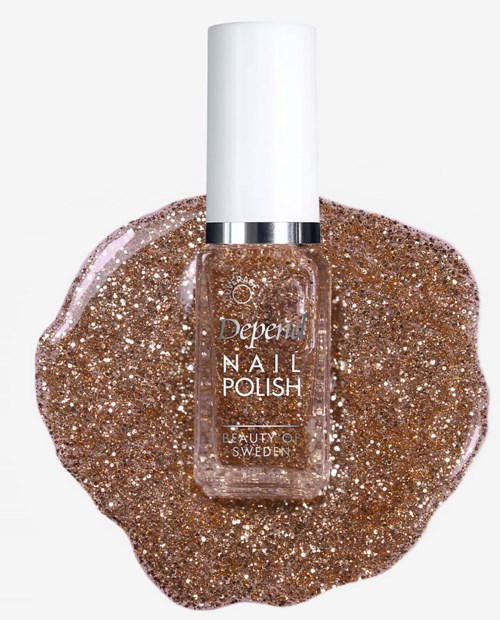 En flaske med glittergyldent neglelak på en ring af matchende glitter.