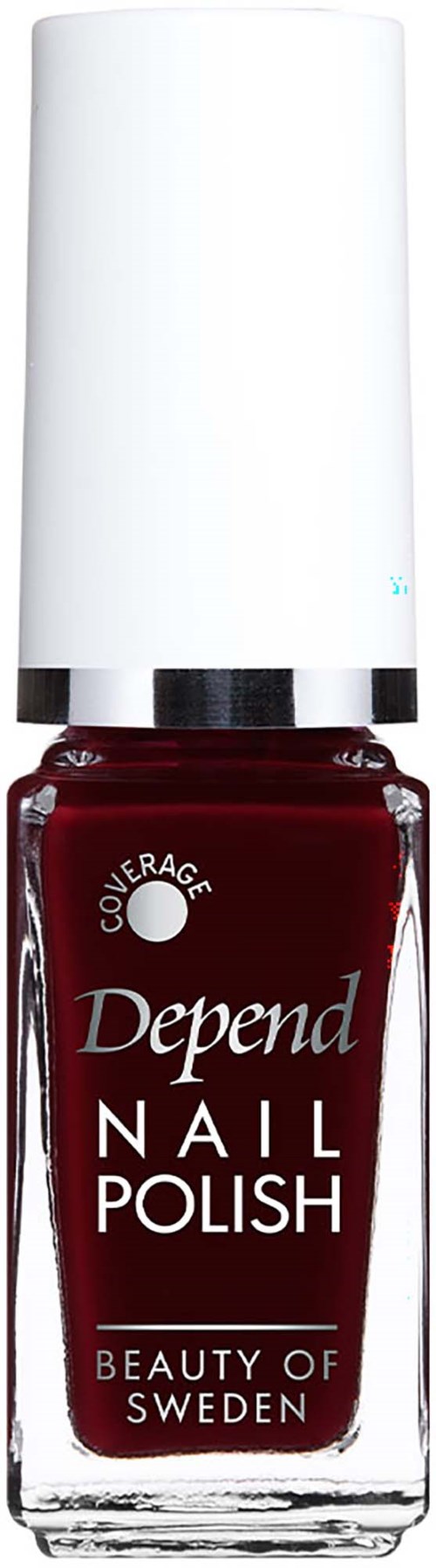 Dybrød Depend neglelaksflaske med hvid låg, mærket Depend Nail Polish fra Beauty of Sweden.