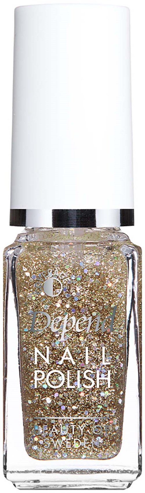 En flaske med glitterguld neglelak fra Depend med hvid låg, til neglepynt.