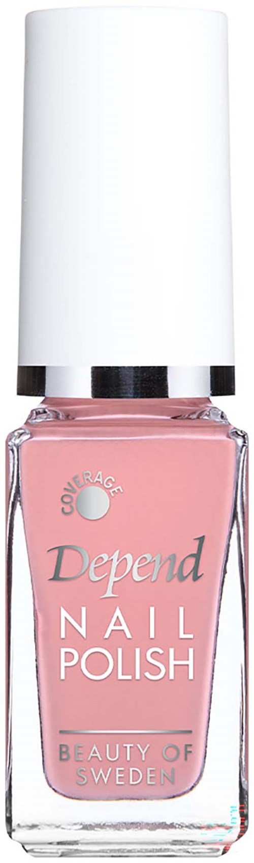 En flaske med rosa Depend neglelakk med hvit topp og rosa etikett som viser produktnavn og merke.