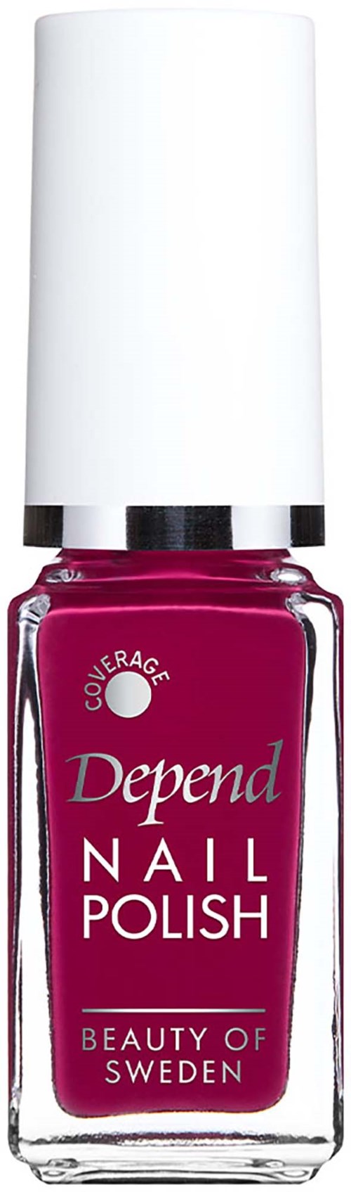 Depend neglelakk i en dyp rosa farge med hvit hette på en gjennomsiktig flaske.