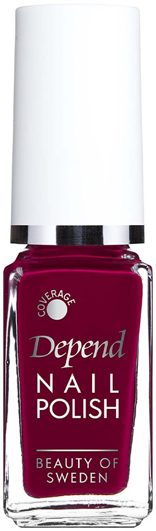 Flaske med mørk rosa Depend neglelakk med hvit kork og etikett som viser merke og produktinformasjon.