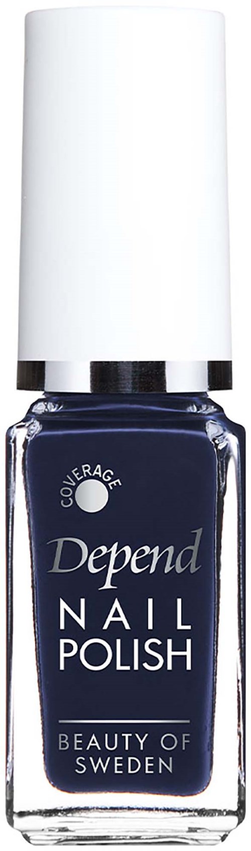 En mørk blå neglelakkflaske med hvit kork og logo, merket Depend Nail Polish av Beauty of Sweden.