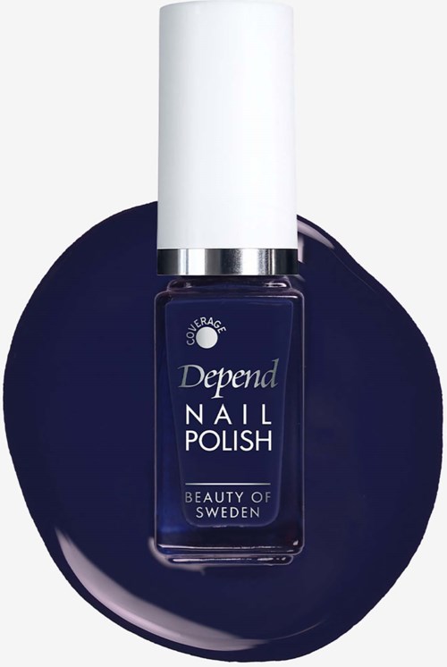 Blå neglelakkflaske merket Depend NAIL POLISH fra Beauty of Sweden, plassert på en matchende blå overflate.