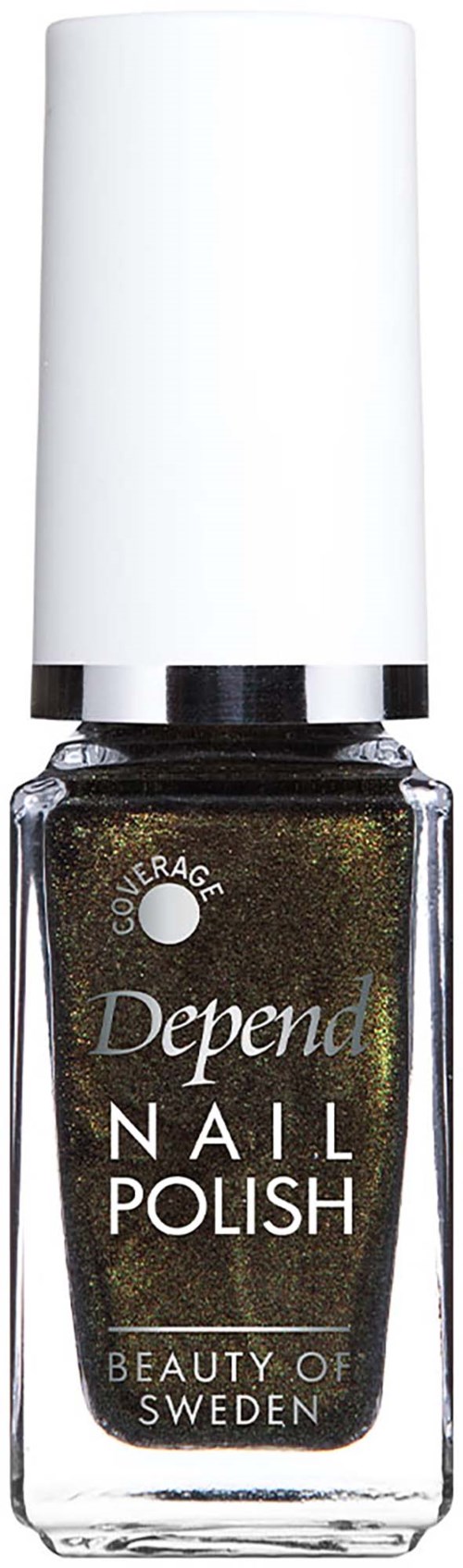 Mørk gull neglelakk i en gjennomsiktig flaske med hvit lokk, merket Depend Nail Polish fra Sverige.