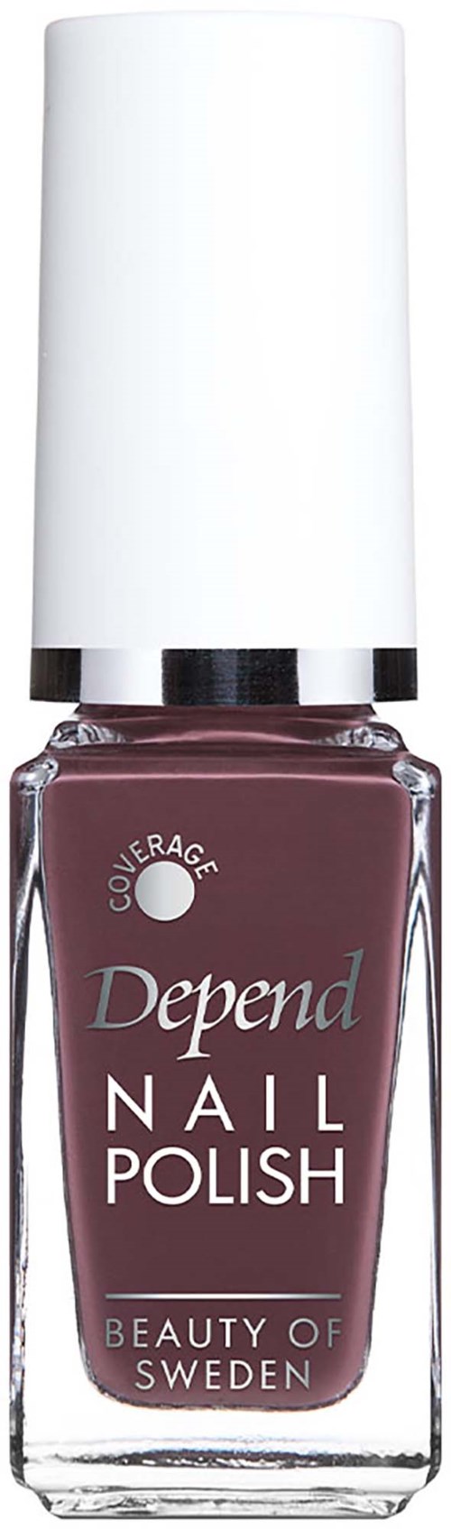 En flaske Depend neglelakk i en svak rosa nyanse med hvit hett, merket Depend Nail Polish og Beauty of Sweden.