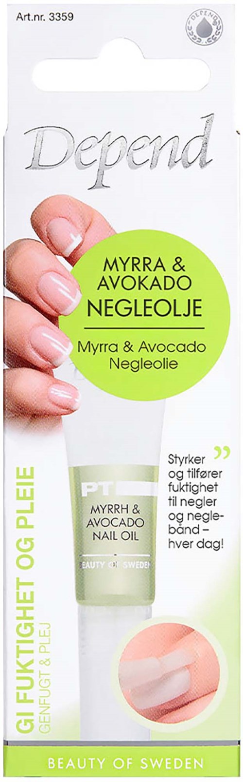 En neglelakolie med myrra og avocado i hvid og grøn emballage, viser produkt og mærke.