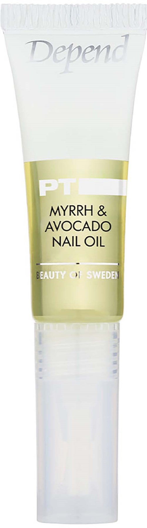En lille tube med negleolie med hvid hætte, etiketten nævner avocado og myrrh ingredienser.