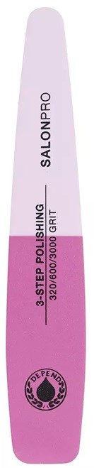 Nagelfil med rosa och vit färg, märkt 'SALONPRO' och '3-STEP POLISHING'.