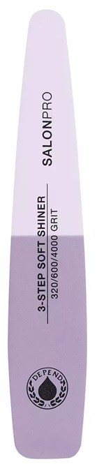 En vit nagelfil märkt 'SALONPRO' med beskrivning '3-STEP SOFT SHINER' och gritnummer 320, 600, 4000.