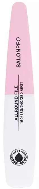 Nagelfil i rosa och vitt med text: Märkning och Grit-storlek, Depend-logga.