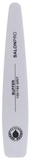 En vit nagelfil med svart text och logga, märkt 'SALONPRO' och 'BUFFER 100/180 Grit' för nagelformning.