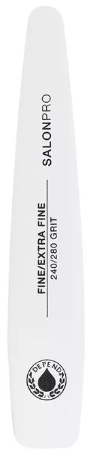 En vit nagelfil med svart text och en logo, märkt "SALONPRO" och "FINE/EXTRA FINE."