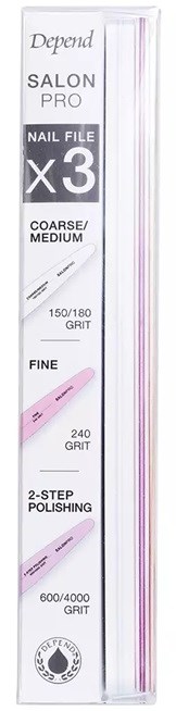 En box med nagelfilar med tre grövre, mellanstora och fina kvaliteter, i rosa och vit färg.