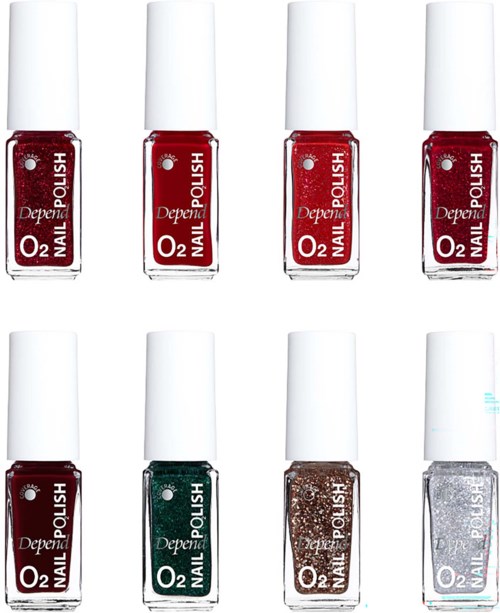 Acht Flaschen Depend Nagellack in verschiedenen Farben, darunter Rot, Grün, Braun und Silber mit Glitzer und Schimmer.