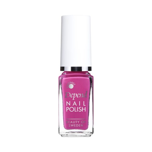 Eine rosa Depend Nagellackflasche mit weißem Deckel und rosa Etikett aus Schweden.
