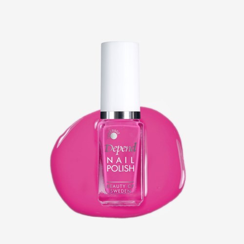 Rote Nagellackflasche mit weißem Deckel auf rosa Fleck, beschriftet Depend Nagellack aus Schweden.