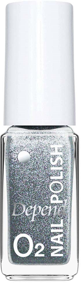 En flaske med sølvgullig neglelakk med hvit lokk, merket "O2" og "Depend Nail Polish".