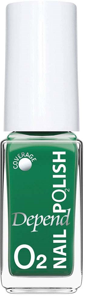 Grönt nagellackflaska märkt Depend, O2 och Nail Polish med vit kork.
