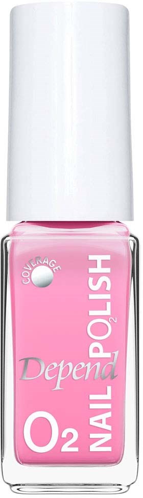 Rosa neglelakkflaske merket Depend, med hvit hette og logo, viser 'O2 Nail' for oksyenberiket behandling.