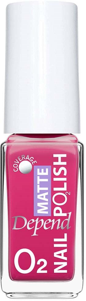 En rosa neglelakkflaske med hvitt lokk, merket Depend O2 Matte Polish, designet for negler.