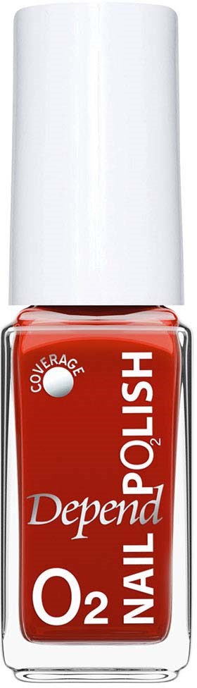 Rødt neglelakkflaske med hvit kork, merket "Depend" og "O2 Nail Polish".