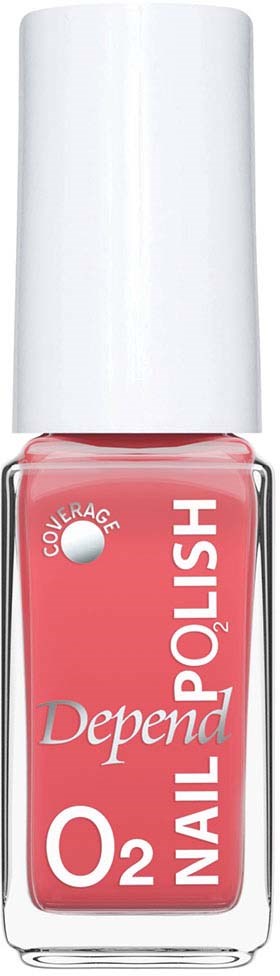 En flaske med rosa neglelakk med hvit lokk, merket Depend O2 Nail Polish.