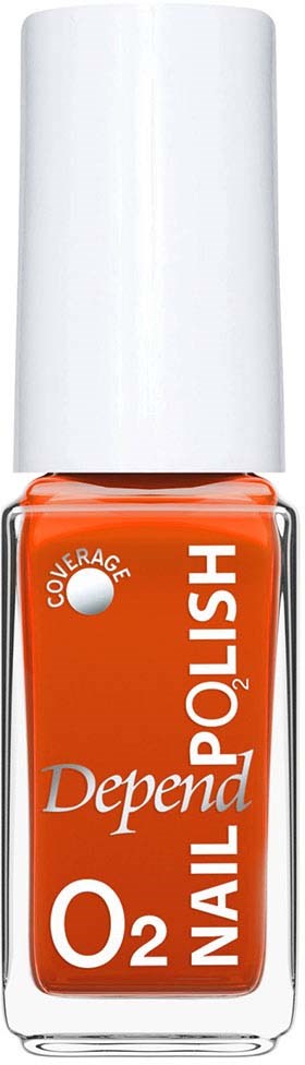 Oransje neglelakkflaske med hvitt lokk, merket Depend O2 Nail Polish.