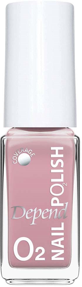 En rosa neglelakkflaske med hvitt lokk, merket 'Depend Nailpolish O2' og 'Color & Age'.