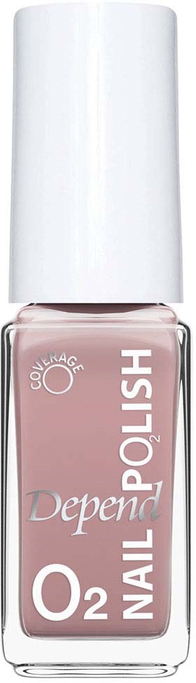 En flaske med rosa neglelakk med hvit hette, merket Depend O2 Nail Polish.