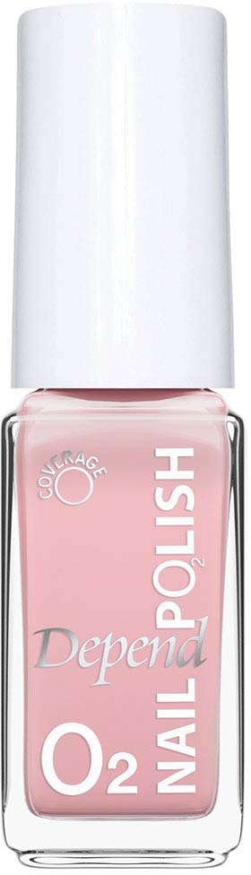 En flaske med rosa neglelakk med hvit lokk, merket med "Depend" og "O2 Nail Polish."