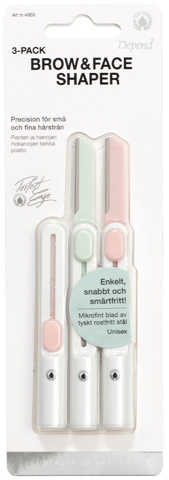 Ett paket med tre ögonbryns- och ansiktsformare i rosa, vitt och grönt, för snabb och enkel grooming.