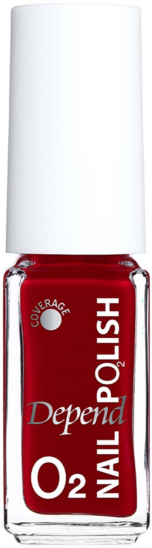 Rød Depend neglelakflaske med hvid hætte og logo, mærket O2: Cover Frag, i gennemsigtigt glas.