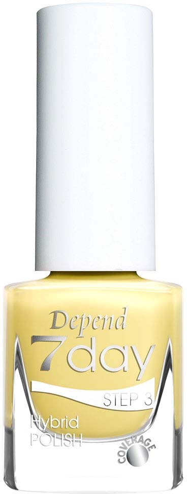 Gulnande nagellackflaska med vit kork, märkt 'Depend 7day', 'Hybrid Polish' och 'Steg 3'.