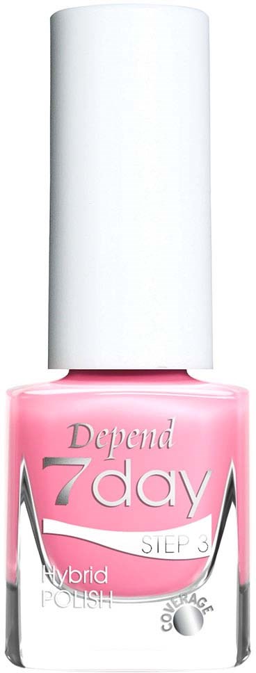 Nagellackflaska i rosa med etikett 'Depend 7 day', 'Steg 3', 'Hybrid Polish,' med vitt lock.