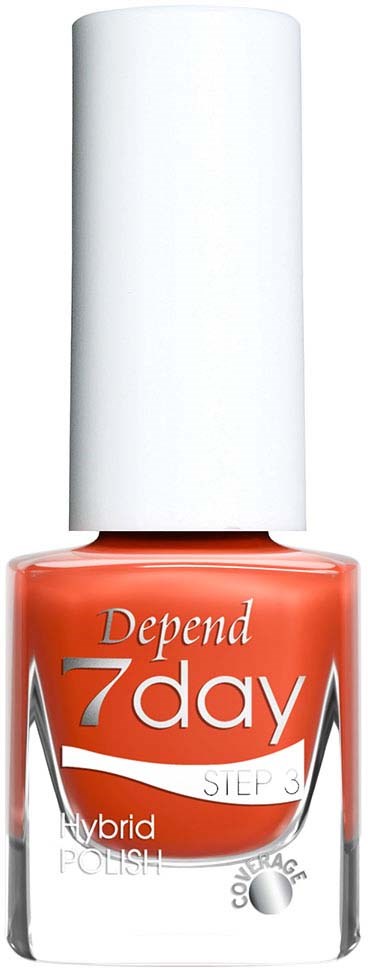 En flaska orange Depend 7 Day hybrid nagellack med vitt lock.