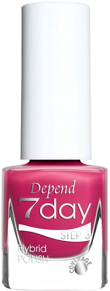 Rosa nagellackflaska med vitt lock, märkt Depend 7day, Steg 3, Hybrid Polish, och täckning.