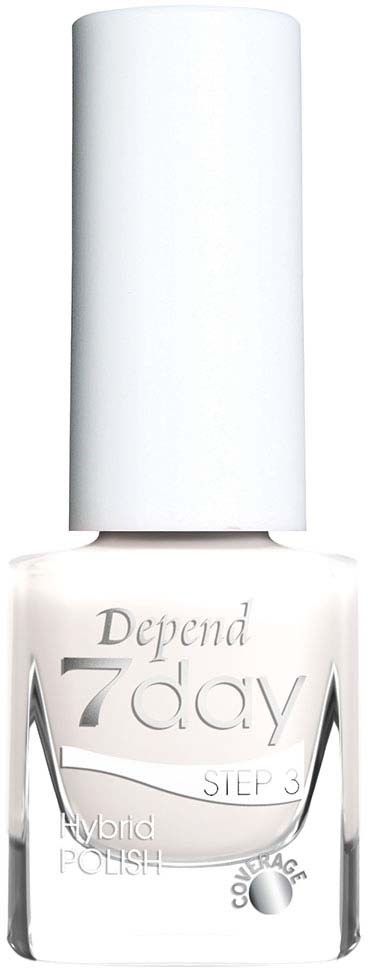 Vit nagellacksflaska med etiketten 'Depend 7day Step 3 Hybrid Polish' och ett långt lock.