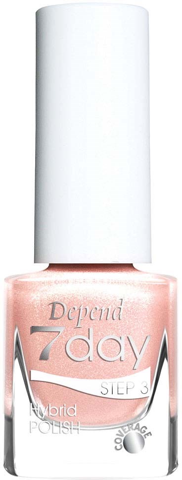 Pink nagellackflaska märkt 'Depende 7day, Steg 3, Hybrid, Cover & Coating' med vit kork.