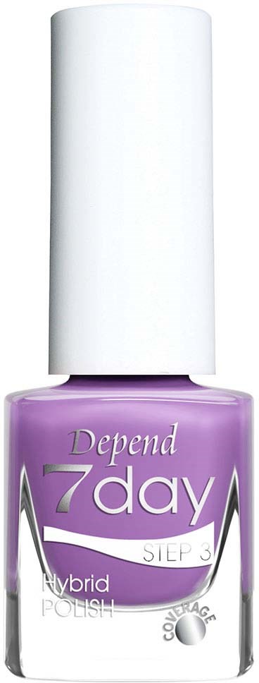 En lila Depend 7 Day nagellackflaska med vit kork, märkt 'STEGET 3' och 'HYBRID POLISH'.