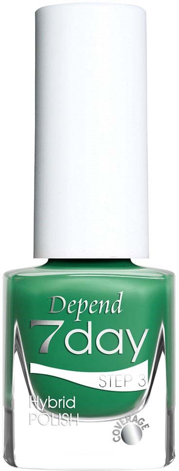 Grön Depend 7 dagars hybridnagellack-flaska med vit kork.